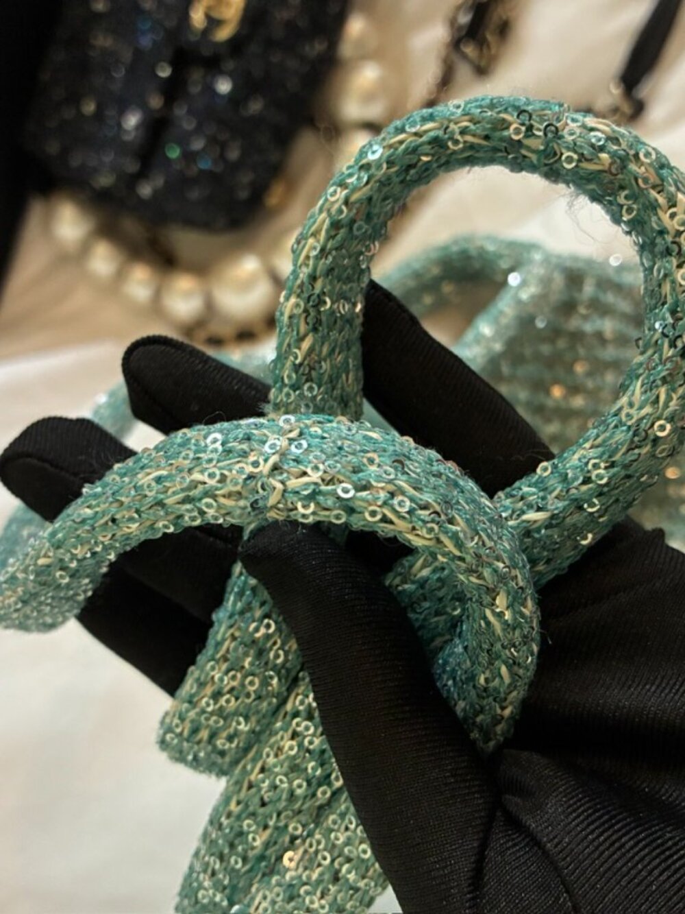Miu Miu Ivy Sequin Mesh Bag in the anise/turquoise colorway - Picture 3 of 12